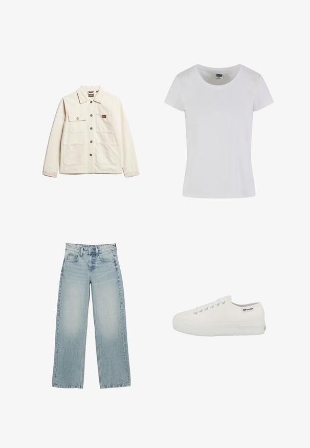 Beige katoenen jack met een kraag, sluiting met knopen aan de voorkant en twee borstzakken, met een klein merkembleem en een relaxte pasvorm.; Witte, korte mouwen t-shirt gemaakt van katoen. Heeft een ronde hals en een slim-fit vorm. Etiket zegt "URBAN CLASSICS."; Lichtblauwe denim wijde jeans met een hoge taille, voorzien van vijf zakken, een knoopsluiting en subtiele vervaging voor een versleten effect.; Witte canvas sneakers met een gestructureerde rubberen zool, vetersluiting en zilveren oogjes. Bevat een klein logo aan de zijkant.