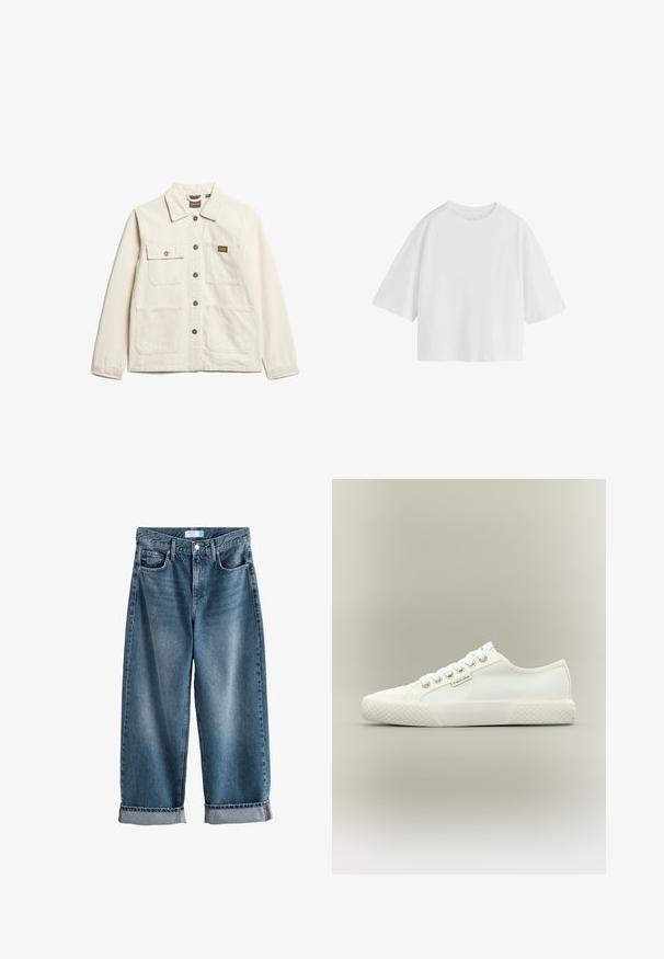 Beige bomuldsjakke med krave, frontlukning med knapper og to brystlommer, udstyret med et lille mærkelogo og en afslappet pasform.; Simpel hvid oversized T-shirt med korte ærmer, rund hals og løs pasform.; Blå denim boyfriend jeans med opbuk, forreste knap- og lynlåslukning samt synlige forlommer.; Hvid lavtopet lærreds-sneaker med tekstureret gummisål, hvide snørebånd og lille Calvin Klein-mærke på siden.
