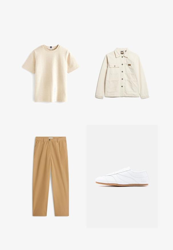 Chaqueta de algodón color beige con cuello, cierre frontal de botones y dos bolsillos en el pecho, presenta un pequeño logo de la marca y un corte relajado.; Camiseta de manga corta beige hecha de algodón suave, con un escote redondo y un corte relajado con una textura sutil.; Pantalones beige casual de corte recto con bolsillos laterales, trabillas para cinturón, cierre de botón y cremallera.; Zapatilla blanca de corte bajo con diseño de cordones, parte superior de cuero liso, paneles cosidos sutiles y suela de goma marrón clara.