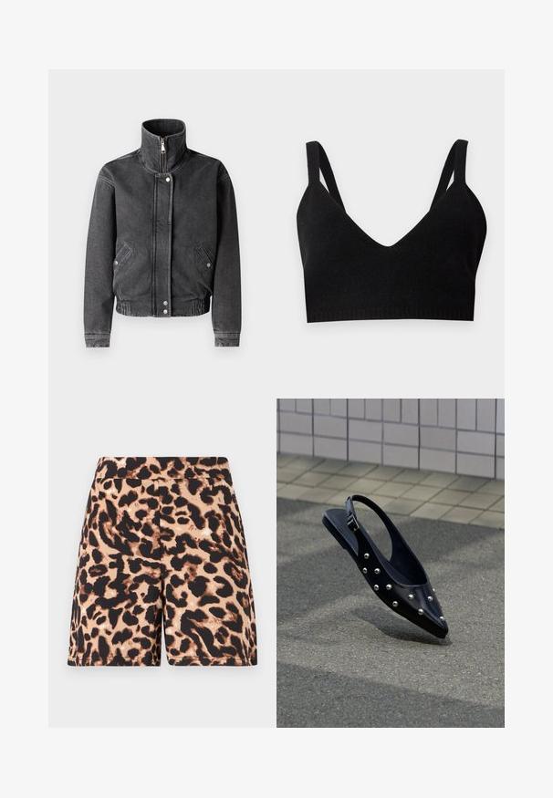 Tumehall denim jakk, millel on kõrge krae, lukuga esiosa, nööbid ja kaks küljepunut. Elastsed alläär ja mansetid tagavad ehtsa ilme.; Must mustrakk bralette, mille sügava V-kujuga kaelusega, laiad õlavarre-ribad ja ribatud bänd. Sile tekstuur, ilma nähtavate riistade või aktsentideta.; Prindi leopardi šortsid pruunides ja mustades toonides, sujuva tekstuuriga ja elastse vöökohtaga. Keskmise reie pikkus, pideva mustriga disain.; Must terava ninaga slingback-kinga hõbedaste naeltega, hõljumas asfaldist ees, taustal plaaditud sein.