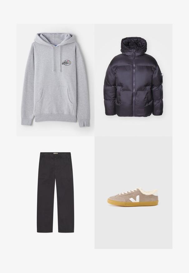 Alpha Industries Zimná bunda - vintage grey; Svetlá šedá mikina s kapucňou vyrobená z bavlnenej zmesi. Obsahuje klokanie vrecko, šnúrky a malé logo s farebnými akcentmi na hrudníku.; WOOD WOOD WWHEINO - Nohavice - black; Semišové tenisky svetlohnedej farby s bielym logom. Majú mäkkú, krémovo sfarbenú podšívku a podrážku z textúrovanej gumy.
