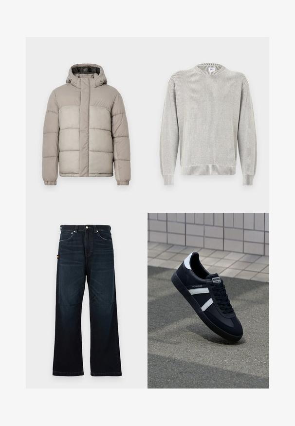 Chaqueta tipo puff en gris claro con capucha, presenta un diseño acolchado, cierre frontal con cremallera y puños elásticos, fabricada en un tejido suave y texturizado.; Suéter de cuello redondo de punto canalé gris claro con mangas largas y etiqueta de GAP en el cuello, mostrado sobre un fondo blanco.; Vaqueros rectos de color azul oscuro con diseño clásico de cinco bolsillos, trabillas para el cinturón y sutiles detalles desgastados en la parte frontal y las rodillas.; Zapatilla de cuero negra con rayas blancas, suela de goma texturizada y parte frontal con cordones. Cuenta con una etiqueta de marca en la lengüeta.