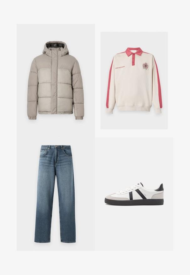 Doudoune légère gris clair avec capuche, dotée d'un design matelassé, d'une fermeture zippée à l'avant et de poignets élastiques, fabriquée en tissu doux et texturé.; Sweat-shirt polo beige à manches longues avec col rouge, bandes rouges sur les manches, texte ""FEAR NOTHING"" sur la poitrine et logo blason sur le côté gauche.; Jean en denim bleu à jambe droite avec un délavage, présentant un design à cinq poches, un bouton en métal et des passants de ceinture. Tissu structuré de poids moyen.; Baskets blanches avec des accents noirs et gris, présentant un embout texturé gris, une semelle en caoutchouc noir et des lacets plats blancs. Design épuré, style minimaliste.