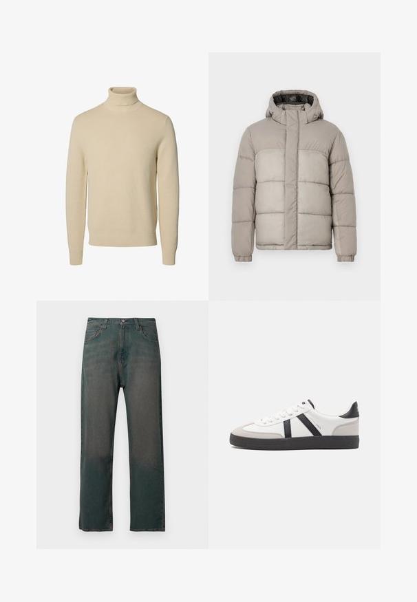 Chaqueta tipo puff en gris claro con capucha, presenta un diseño acolchado, cierre frontal con cremallera y puños elásticos, fabricada en un tejido suave y texturizado.; Jersey de punto beige con cuello vuelto, mangas largas y puños y bajo acanalados, mostrado sobre un fondo blanco liso.; Vaqueros de mezclilla verde oscuro con corte de pierna recta, que presentan un diseño clásico de cinco bolsillos y costuras de contraste a lo largo de las costuras.; Zapatilla blanca con acentos en negro y gris, que presenta una puntera texturizada en gris, suela de goma negra y cordones planos blancos. Diseño limpio, estilo minimalista.