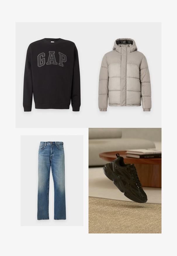 Doudoune légère gris clair avec capuche, dotée d'un design matelassé, d'une fermeture zippée à l'avant et de poignets élastiques, fabriquée en tissu doux et texturé.; Sweat-shirt noir à manches longues avec col rond, orné de grandes lettres « GAP » gris foncé brodées sur la poitrine.; Jean bleu droit en denim avec un lavage légèrement délavé, design cinq poches et fermeture par bouton à la taille.; Baskets épaisses noires avec mesh et détails brillants flottant au-dessus d'un tapis beige, table basse ronde en bois avec des livres en arrière-plan.