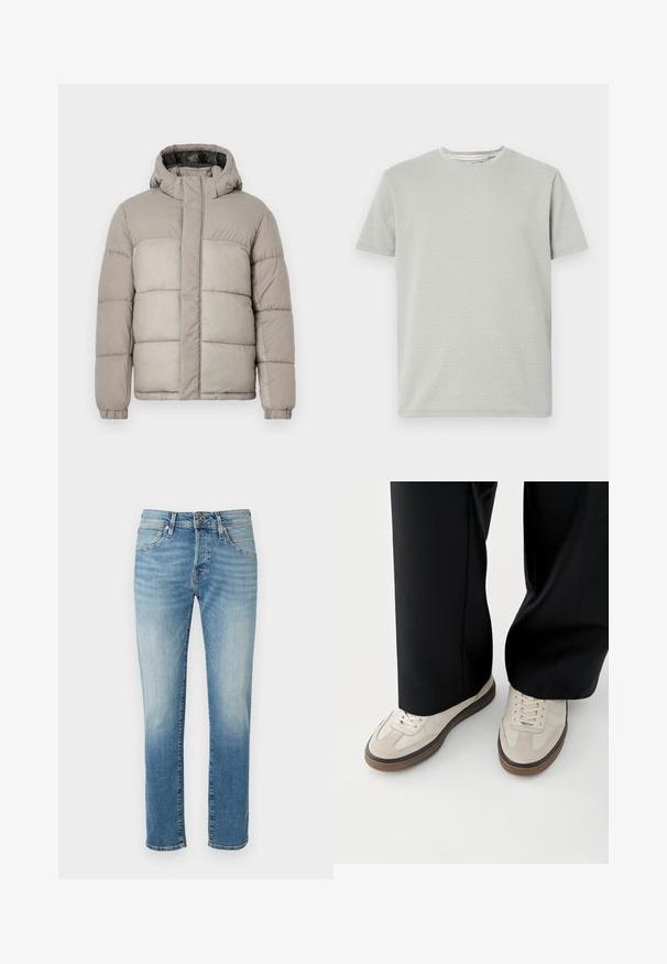 Lichte grijze pufferjack met capuchon, heeft een gestikte ontwerp, vooraan sluiting met rits en elastische manchetten, gemaakt van zachte, gestructureerde stof.; Lichtgrijze T-shirt met korte mouwen, voorzien van een textuurpatroon, ronde hals en een rechte zoom. Gemaakt van zachte, ademende stof.; Lichtblauwe denim jeans met vervaagde secties, rechte snit, vijf-pocket ontwerp en een eenvoudige metalen knoopsluiting bij de taille.; Voeten met beige sneakers met bruine zolen en zwarte wijde broekspijpen op een witte achtergrond.