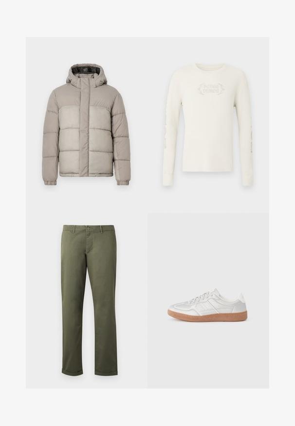Doudoune légère gris clair avec capuche, dotée d'un design matelassé, d'une fermeture zippée à l'avant et de poignets élastiques, fabriquée en tissu doux et texturé.; T-shirt à manches longues en coton côtelé crème avec "DODGE DEMON" brodé sur le devant et des graphismes imprimés sur la manche droite. Texture douce.; Pantalons en coton vert olive avec une coupe droite, ourlets retroussés, poches avant et fermeture à bouton. Texture lisse avec des détails de couture subtils.; Baskets argentées avec une texture lisse, un design à lacets, des accents perforés et une semelle en caoutchouc marron texturé.