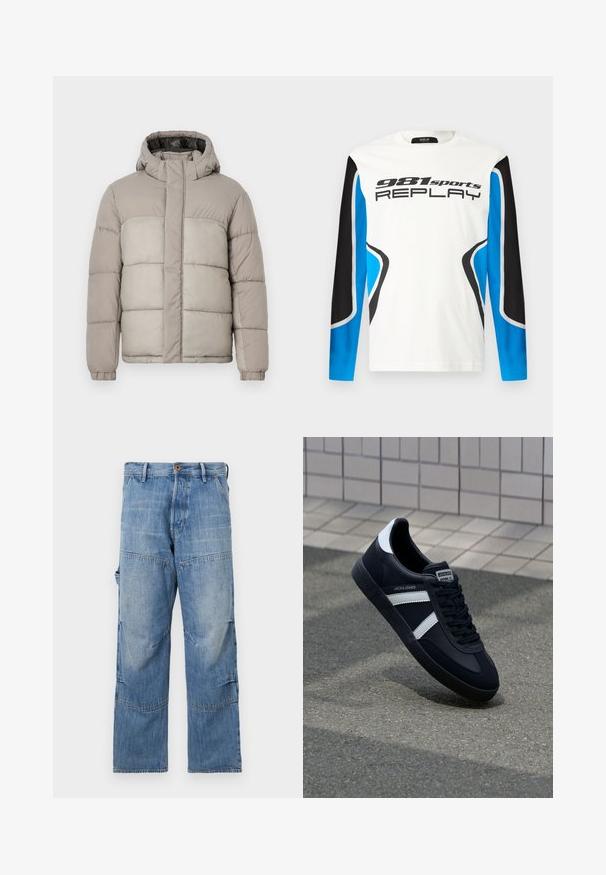 Chaqueta tipo puff en gris claro con capucha, presenta un diseño acolchado, cierre frontal con cremallera y puños elásticos, fabricada en un tejido suave y texturizado.; Camisa deportiva de manga larga con el frente blanco, paneles de mangas en negro y azul, y el logotipo "981 sports REPLAY" impreso en el pecho.; Pantalones de mezclilla azul claro con piernas anchas, áreas desteñidas y costuras de patchwork. Presentan un cierre frontal con botón y cremallera, además de bolsillos laterales.; Zapatilla de cuero negra con rayas blancas, suela de goma texturizada y parte frontal con cordones. Cuenta con una etiqueta de marca en la lengüeta.