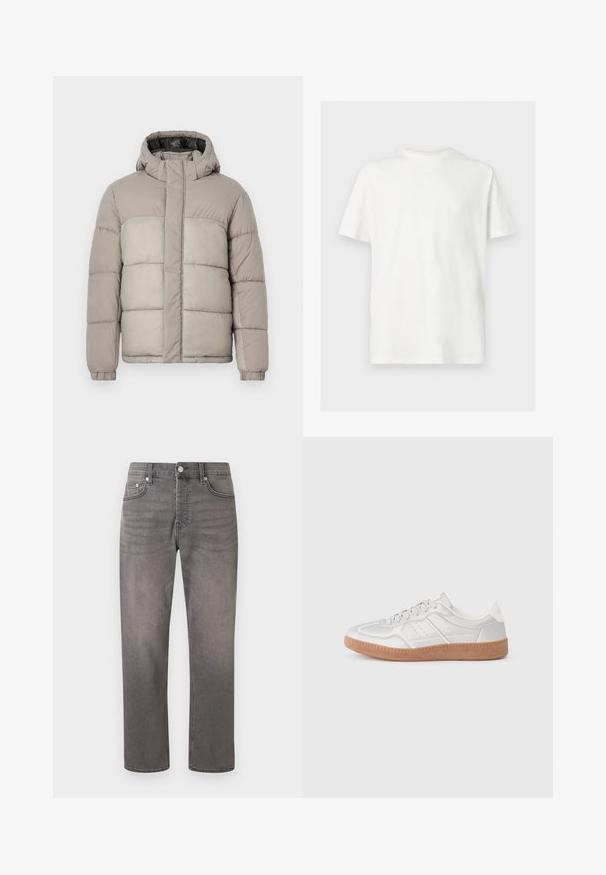Doudoune légère gris clair avec capuche, dotée d'un design matelassé, d'une fermeture zippée à l'avant et de poignets élastiques, fabriquée en tissu doux et texturé.; T-shirt blanc à manches courtes avec col rond et coupe décontractée sur un fond uni clair.; Jean gris à jambes droites avec bouton avant, fermeture éclair, passants de ceinture et design classique à cinq poches sur fond blanc.; Baskets argentées avec une texture lisse, un design à lacets, des accents perforés et une semelle en caoutchouc marron texturé.