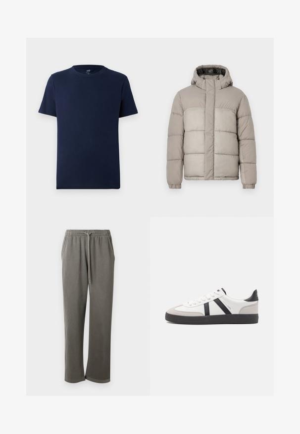 Doudoune légère gris clair avec capuche, dotée d'un design matelassé, d'une fermeture zippée à l'avant et de poignets élastiques, fabriquée en tissu doux et texturé.; T-shirt en coton bleu marine à manches courtes et col rond, avec un petit logo GAP imprimé à l'intérieur du col.; Pantalon de survêtement en coton gris avec une taille élastique et un cordon de serrage, doté de poches latérales et d'une coupe décontractée sur les jambes.; Baskets blanches avec des accents noirs et gris, présentant un embout texturé gris, une semelle en caoutchouc noir et des lacets plats blancs. Design épuré, style minimaliste.