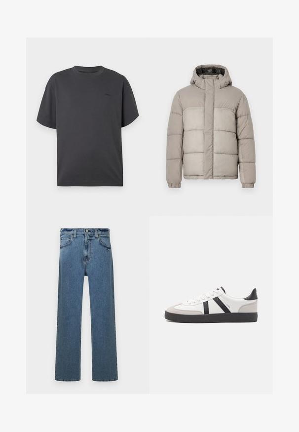 Chaqueta tipo puff en gris claro con capucha, presenta un diseño acolchado, cierre frontal con cremallera y puños elásticos, fabricada en un tejido suave y texturizado.; Camiseta de manga corta color gris oscuro con cuello redondo y un pequeño logo sutil en el lado izquierdo del pecho, presentada sobre un fondo blanco.; Jeans de mezclilla rectos azules con cinco bolsillos, pasadores para cinturón y cierre de botón, exhibidos sobre un fondo blanco.; Zapatilla blanca con acentos en negro y gris, que presenta una puntera texturizada en gris, suela de goma negra y cordones planos blancos. Diseño limpio, estilo minimalista.