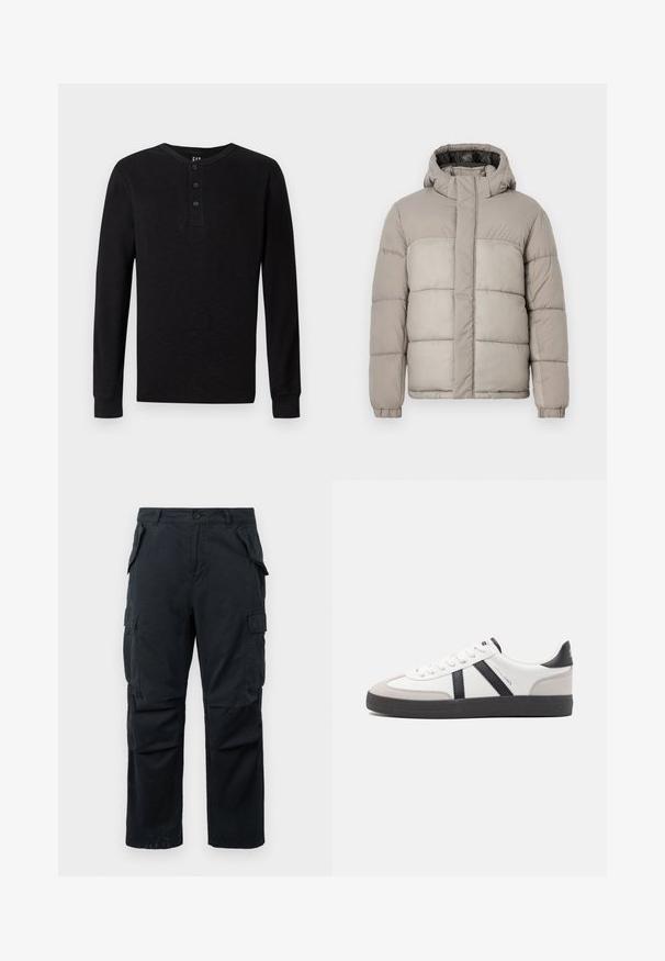 Lichte grijze pufferjack met capuchon, heeft een gestikte ontwerp, vooraan sluiting met rits en elastische manchetten, gemaakt van zachte, gestructureerde stof.; Zwarte langelijf henley-shirt met een drieknoopsluiting bij de hals, zachte textuur en geribbelde manchetten, met een klassieke pasvorm en minimalistisch ontwerp.; Zwarte cargobroek van duurzaam materiaal, met meerdere zijzakken, een rechte pijpdesign en een knoopsluiting bij de taille.; Witte sneaker met zwarte en grijze accenten, voorzien van een grijze neus met textuur, zwarte rubberen zool en platte witte veters. Schoon ontwerp, minimalistische stijl.