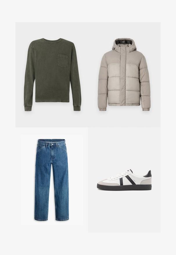 Chaqueta tipo puff en gris claro con capucha, presenta un diseño acolchado, cierre frontal con cremallera y puños elásticos, fabricada en un tejido suave y texturizado.; Camisa de manga larga en verde oliva oscuro, fabricada en material suave, con cuello redondo y un bolsillo en el pecho. Textura suave, corte relajado.; Vaqueros azules de pierna recta con bolsillos delanteros, trabillas para cinturón, botón de metal y cremallera, sobre un fondo blanco.; Zapatilla blanca con acentos en negro y gris, que presenta una puntera texturizada en gris, suela de goma negra y cordones planos blancos. Diseño limpio, estilo minimalista.
