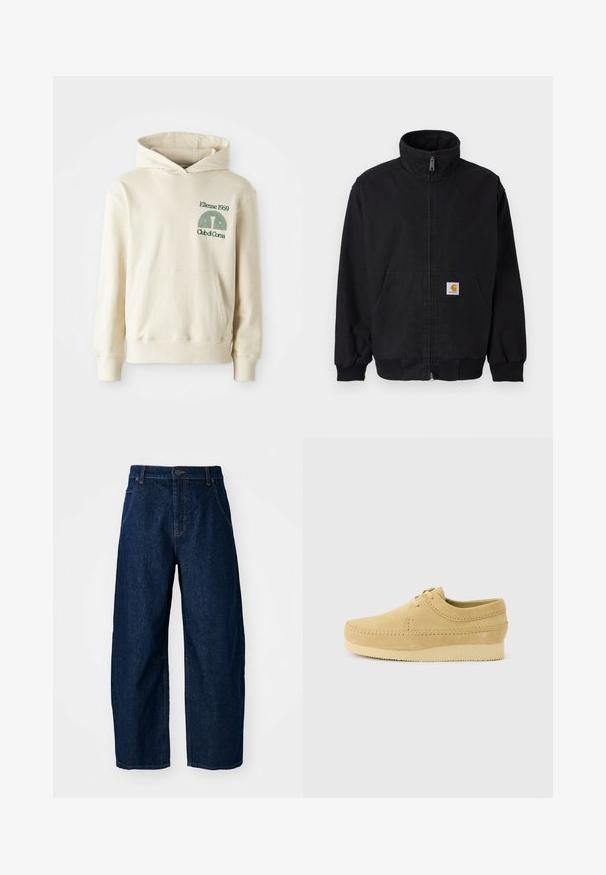 Schwarze Jacke mit Reißverschluss, hohem Kragen, gerippten Bündchen und Saum, mit einer Fronttasche und einem kleinen Logo-Patch auf der linken Seite.; Beige Baumwoll-Hoodie mit einer Kängurutasche. Grüner Text-Logo "Ellesse 1959" und geschwungenes Grafikdesign im linken Brustbereich. Weiche Textur, reguläre Passform.; Hellebeine Jeans aus dunklem Denim mit hoher Taille, fünf Taschen, vorderem Knopfverschluss und sichtbaren Nähten.; Beiger Wildleder-Freizeitschuh mit Mokassinnaht, Schnürdesign und dicker Gummisohle, seitlich auf hellem Hintergrund gezeigt.