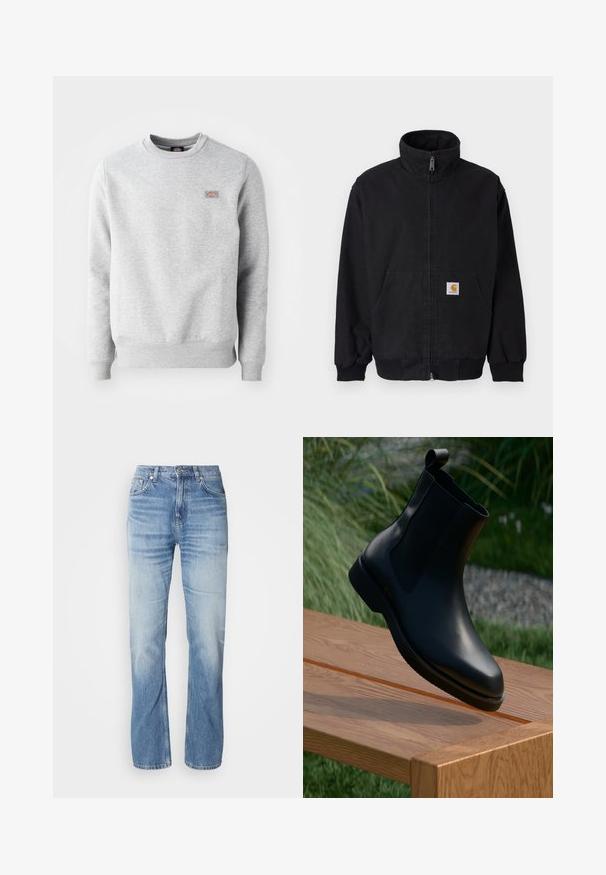 Schwarze Jacke mit Reißverschluss, hohem Kragen, gerippten Bündchen und Saum, mit einer Fronttasche und einem kleinen Logo-Patch auf der linken Seite.; Grauer Pullover mit Rundhalsausschnitt, gerippten Bündchen und Saum, aus weichem Baumwollmaterial. Besitzt ein kleines Logo auf der linken Brust.; Hellblaue Jeans aus Denim mit geradem Bein, verblasstem Finish, fünf Taschen und Knopfverschluss. Klassisches Design und mittlere Dicke.; Schwarze Leder-Ankle-Boots mit glatter Oberfläche, elastischen Seitenpartien und einer Schlaufe am Schaft, auf einer Holzoberfläche präsentiert.