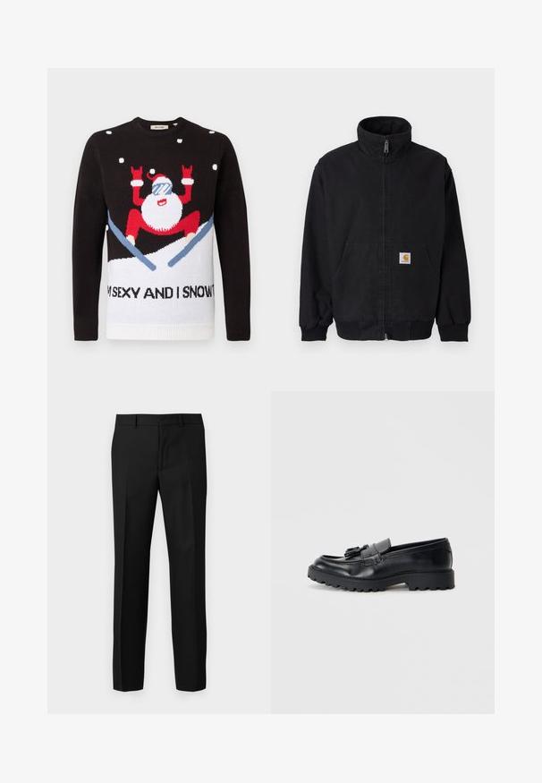 Veste noire zippée avec col montant, poignets et ourlet côtelés, dotée d'une poche avant et d'un petit patch logo sur le côté gauche.; Pull en tricot noir avec une section inférieure blanche présentant une figurine de Père Noël en rouge avec des lunettes de soleil et de la neige. Le texte dit : "JE SUIS SEXY ET JE LE SAIS."; Pantalon noir ajusté avec une texture lisse, présentant un design à jambes droites, des plis devant et une ceinture plate. Pas de poches visibles.; Mocassins en cuir noir avec une finition brillante, semelle en caoutchouc épaisse et détail de frange décoratif à l'avant.