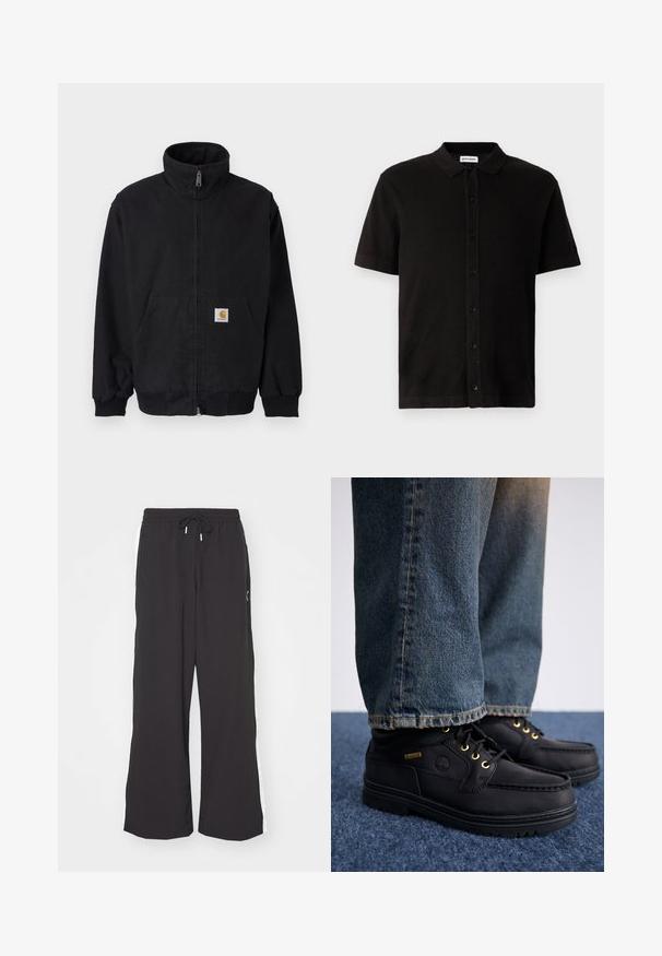 Veste noire zippée avec col montant, poignets et ourlet côtelés, dotée d'une poche avant et d'un petit patch logo sur le côté gauche.; Polo noir à manches courtes en tissu texturé avec un boutonnage à l'avant et un col classique. Doté d'un ourlet droit.; Pantalons de survêtement larges noirs avec une taille élastique et un cordon de serrage. Dotés de bandes blanches sur les côtés et de deux poches latérales. Texture lisse.; Chaussures en cuir noir avec œillets dorés et finition texturée, associées à un jean en denim bleu. Les chaussures présentent une semelle superposée et un détail de marque.