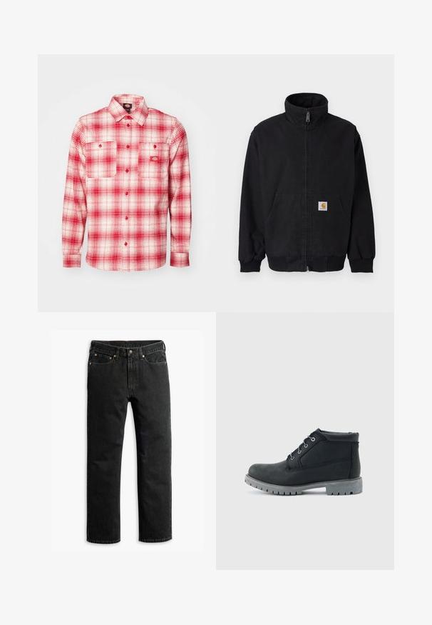 Must tõmblukuga jakk kõrge kraega, soonikkoes varrukate ja alaäärega, esiosas tasku ning vasakul küljel väike logomärgis.; Punane ja valge ruuduline flanellist särk, millel on pikad varrukad, nööpidega ees, kaks rinnataskut ja sildiga vasakul. Pehme tekstuur.; Mustavad sirged teksapüksid viie tasku, vöödega ja nupuga lukuga vöökohal, laialivalguva valge tausta peal.; Must nahast pahkluu saabas halli paksu tallaga ja metallist paelasilmadega, näidatud külgvaates ühevärvilisel heledal taustal.