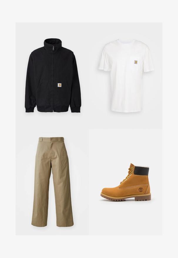 Sort lynlåsjakke med høj krave, ribstrikkede manchetter og kant, med en forlomme og et lille logo på venstre side.; Hvid bomulds T-shirt med korte ærmer, en brystlomme, og et lille firkantet logo patch i orange og hvid på lommen.; Khaki bredde ben bukser lavet af bomuldsblandingsstof, med en enkelt knaplukning og synlige sidelommer. Glat tekstur, plisseret detalje.; Brune læder ankelstøvle med metaløjer, hvid pelsforing, sort polstret krave, robust sål og præget logo på siden.