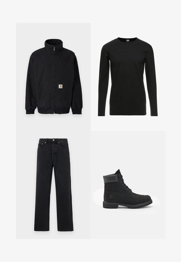 Veste noire zippée avec col montant, poignets et ourlet côtelés, dotée d'une poche avant et d'un petit patch logo sur le côté gauche.; Urban Classics STRETCH TERRY - T-shirt à manches longues - black; Jean droit en denim noir avec taille haute, cinq poches et fermeture à bouton métallique. Le tissu a une texture lisse et un léger éclat.; Bottine en cuir noir avec un embout arrondi, design à lacets à six œillets, col rembourré, semelle texturée et logo Timberland sur le côté.