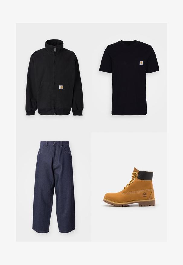 Zwarte jas met rits en hoge kraag, geribbelde manchetten en zoom, met een voorkantzak en een klein logoplaatje aan de linkerkant.; Zwarte katoenen t-shirt met korte mouwen, ronde hals en een borstzak met een klein, vierkant logo patch. Eenvoudig, stevig ontwerp.; Donkerblauwe denim jeans met een losse, wijde pasvorm. Kenmerken zijn een knoopsluiting, steekzakken aan de voorkant en zichtbare stiksels.; Bruine leren enkellaars met metalen oogjes, witte faux bont voering, zwarte gewatteerde kraag, robuuste zool en een reliëflogo aan de zijkant.