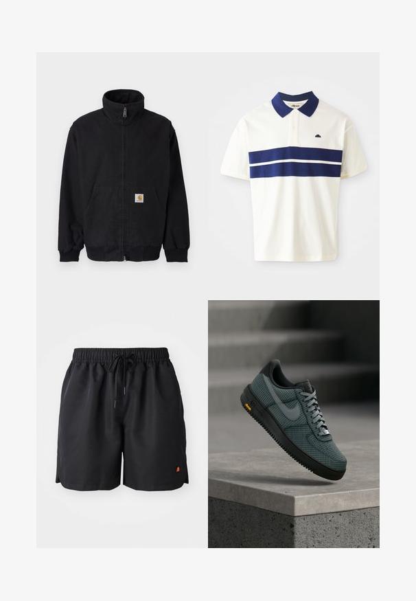 Veste noire zippée avec col montant, poignets et ourlet côtelés, dotée d'une poche avant et d'un petit patch logo sur le côté gauche.; T-shirt polo blanc avec des rayures marines sur la poitrine et le col. Il a des manches courtes et un petit logo sur le côté gauche près du col.; Shorts noirs en matériau léger, dotés d'une taille élastique, d'un cordon de serrage et d'un petit logo orange et rouge en bas à gauche.; Baskets Nike vert foncé et noir avec un motif quadrillé, semelle noire et lacets gris, flottant au-dessus d'un rebord en béton sur un fond d'escalier flou.
