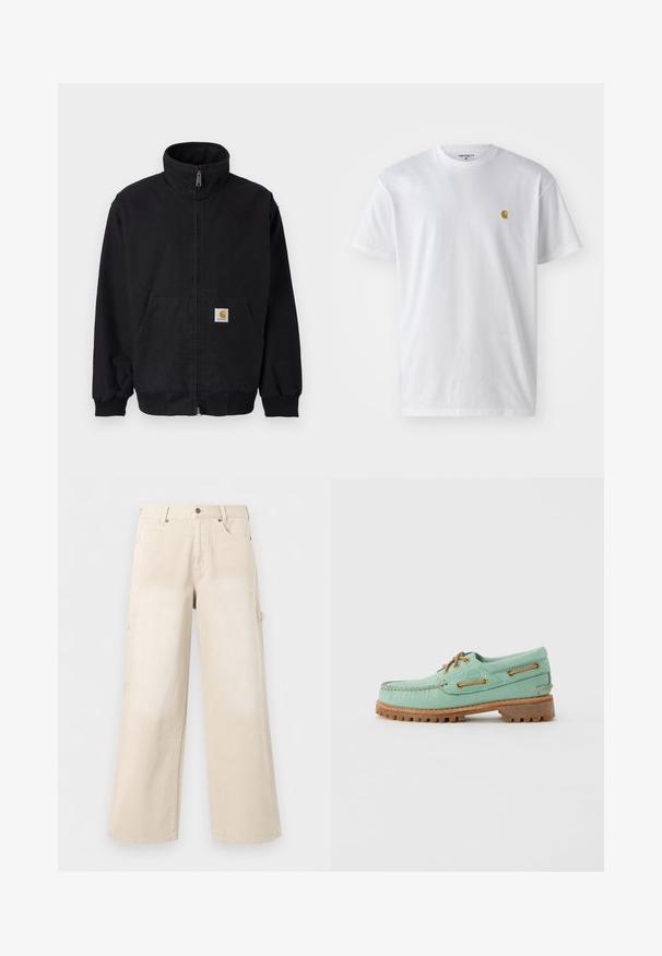 Sort lynlåsjakke med høj krave, ribstrikkede manchetter og kant, med en forlomme og et lille logo på venstre side.; Hvid bomulds t-shirt med korte ærmer, rund hals og et lille guld logo på venstre brystområde. Blød tekstur og almindelig pasform.; Beige bukser med brede ben, forlommer, knaplukning og bæltestropper, vist mod en ensfarvet hvid baggrund.; Lysegrøn læder bådsko med brune snørebånd og øjer, med en tyk tekstureret gummisål og syningsdetaljer langs kanterne.