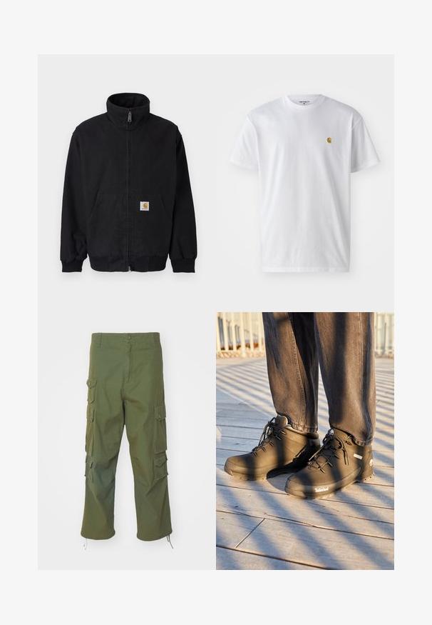 Chaqueta negra con cremallera, cuello alto, puños y dobladillo acanalados, con un bolsillo frontal y un pequeño parche con logo en el lado izquierdo.; Camiseta de algodón blanca con mangas cortas, cuello redondo, que presenta un pequeño logo dorado en la parte izquierda del pecho. Textura suave y corte regular.; Pantalones cargo verde oliva de algodón, con bolsillos laterales, cierre de botón, corte recto y con bajos ajustables para un largo personalizable.; Las botas de senderismo negras de Timberland presentan un diseño de caña alta, una superficie texturizada y cordones redondos, todo ello sobre un fondo de suelo de madera.