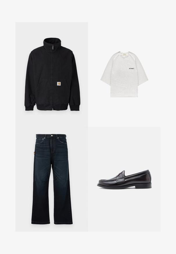 Schwarze Jacke mit Reißverschluss, hohem Kragen, gerippten Bündchen und Saum, mit einer Fronttasche und einem kleinen Logo-Patch auf der linken Seite.; Weißer kurzärmeliger Strickpullover mit Rundhalsausschnitt und schwarzem Schriftzug "RETERNITY" auf der linken Brust.; Dunkelblaue gerade Jeans mit klassischem Fünf-Taschen-Design, Gürtelschlaufen und subtilen verblassten Details an der Vorderseite und an den Knien.; Dunkelbraune Lederloafer mit glatter Oberfläche, niedrigem Absatz und dekorativen Nähten an der Spitze. Klassisches Design mit abgerundeter Silhouette.