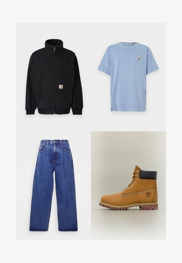 Veste noire zippée avec col montant, poignets et ourlet côtelés, dotée d'une poche avant et d'un petit patch logo sur le côté gauche.; T-shirt en coton bleu clair à manches courtes, col rond, avec une petite étiquette logo carrée comportant une lettre « C » stylisée sur la poitrine.; Jean en denim bleu à larges jambes et taille haute, avec cinq poches, une fermeture à bouton et un léger délavage pour une texture.; Bottine en cuir marron avec col noir, lacets jaunes et semelle beige. Présente un logo et des détails de couture blanche. Semelle extérieure à traction robuste.