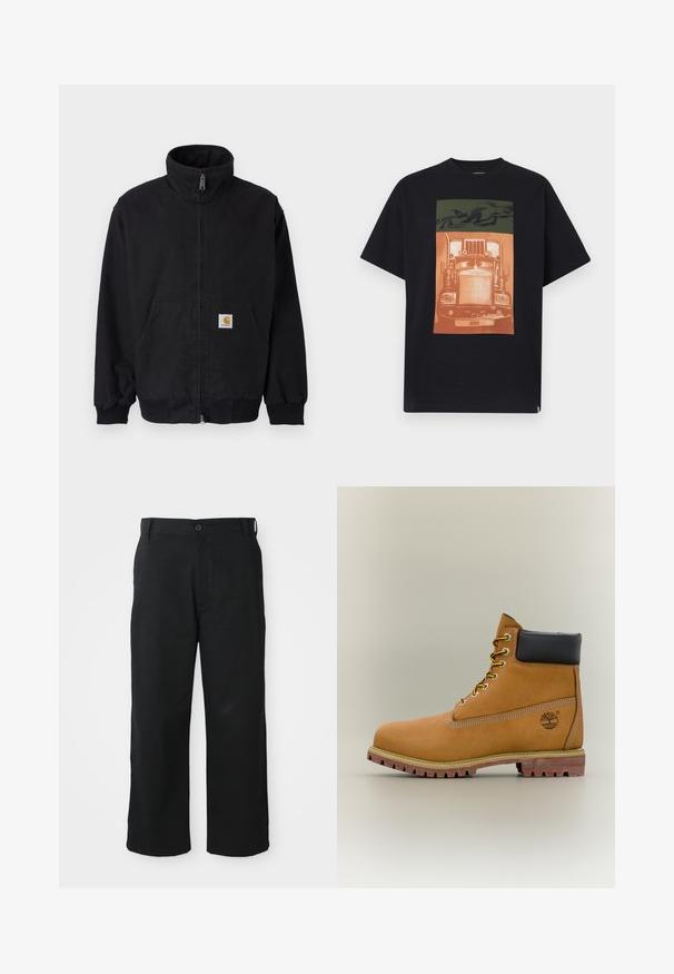 Veste noire zippée avec col montant, poignets et ourlet côtelés, dotée d'une poche avant et d'un petit patch logo sur le côté gauche.; T-shirt noir à manches courtes avec un graphisme représentant l'avant stylisé d'un camion orange et des formes abstraites vert foncé au-dessus.; Pantalons noirs à jambes larges en tissu doux. Présentent une fermeture à bouton, des passants de ceinture et des ourlets droits pour un ajustement décontracté.; Bottine en cuir marron avec col noir, lacets jaunes et semelle beige. Présente un logo et des détails de couture blanche. Semelle extérieure à traction robuste.
