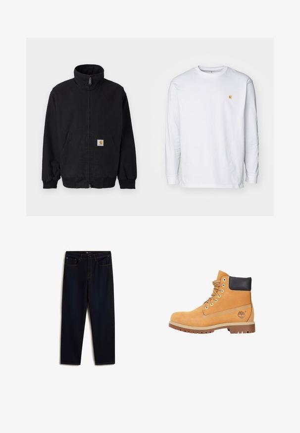 Zwarte jas met rits en hoge kraag, geribbelde manchetten en zoom, met een voorkantzak en een klein logoplaatje aan de linkerkant.; Witte lange mouwen t-shirt van katoen. Voorzien van een klein gouden logo op de borst en een ronde hals. Eenvoudig ontwerp en standaard pasvorm.; Vans Relaxed fit jeans - dark blue; Tan suède laars met een zwarte gewatteerde kraag, metalen oogjes en rubberen zool, voorzien van ton-sur-ton stiksels en een logo aan de zijkant.