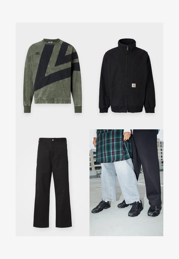 Sort lynlåsjakke med høj krave, ribstrikkede manchetter og kant, med en forlomme og et lille logo på venstre side.; Langærmet sweatshirt i grøn og sort farveblok med ribbede manchetter og krave, med Umbro-logo på venstre bryst.; Sorte bukser lavet af slidstærkt stof med lige pasform, der har knaplukning foran, bæltestropper og ingen synlige mønstre eller accenter.; Sorte atletik sko med mesh- og gummidetaljer. Båret med lysegrå vide jeans og en ternet grøn bluse. Flad overflade i baggrunden.