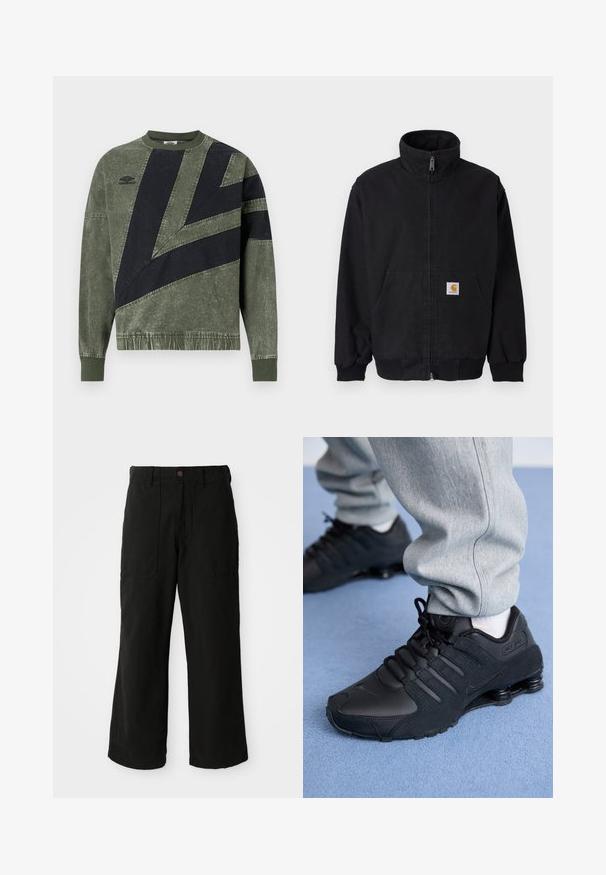 Sort lynlåsjakke med høj krave, ribstrikkede manchetter og kant, med en forlomme og et lille logo på venstre side.; Langærmet sweatshirt i grøn og sort farveblok med ribbede manchetter og krave, med Umbro-logo på venstre bryst.; Sorte vide benbukser lavet af blødt stof, med frontlommer og en knaplukning i taljen. Minimalistisk design uden synlige mønstre.; Person iført sorte Nike Shox sneakers og grå joggingbukser, der står på lyseblåt tæppe.