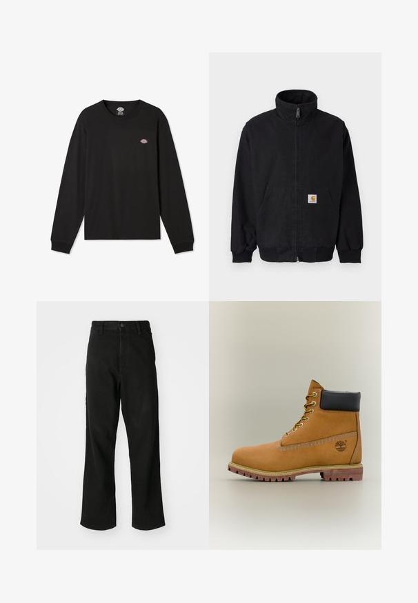 Chaqueta negra con cremallera, cuello alto, puños y dobladillo acanalados, con un bolsillo frontal y un pequeño parche con logo en el lado izquierdo.; Camiseta negra de manga larga de algodón, con un pequeño logo multicolor de Dickies en la parte izquierda del pecho y puños acanalados.; Vaqueros negros de pierna recta con cierre de botón, pasadores para cinturón y bolsillos frontales sobre un fondo blanco liso.; Bota de tobillo de cuero marrón con cuello negro, cordones amarillos y suela beige. Presenta un logotipo y detalles de costura blanca. Suela exterior con tracción robusta.