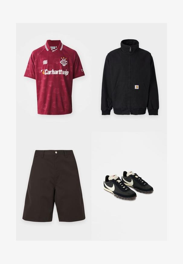 Zwarte jas met rits en hoge kraag, geribbelde manchetten en zoom, met een voorkantzak en een klein logoplaatje aan de linkerkant.; Bordeauxkleurige voetbalshirt met korte mouwen en een kraag, voorzien van een gestructureerd patroon, geborduurd logo en witte accenten.; Donkerbruine korte broek gemaakt van gladde stof. Voorzien van steekzakken, riemlussen en een platte voorkant. Rechte snit met een knielengte ontwerp.; Zwarte sportieve schoenen met een gestructureerde bovenkant, witte swoosh-logo en rubberen zool met kleine noppen voor grip. Crèmekleurige kraag.