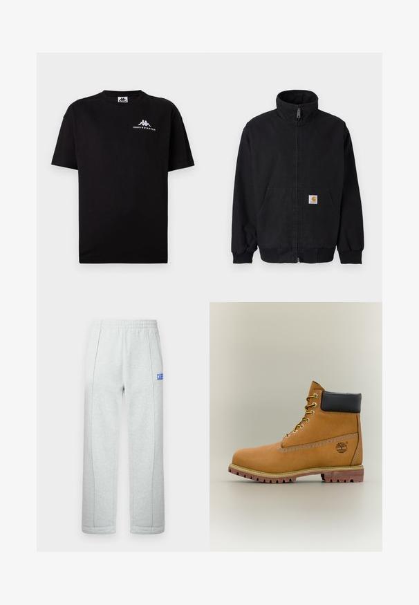 Veste noire zippée avec col montant, poignets et ourlet côtelés, dotée d'une poche avant et d'un petit patch logo sur le côté gauche.; T-shirt noire à manches courtes avec col rond, petit logo blanc Kappa et texte "Fondato in Italia" sur le haut gauche de la poitrine.; Pantalon de survêtement gris clair avec taille élastique et détails de coutures verticales, avec un texte partiel bleu sur la cuisse droite.; Bottine en cuir marron avec col noir, lacets jaunes et semelle beige. Présente un logo et des détails de couture blanche. Semelle extérieure à traction robuste.