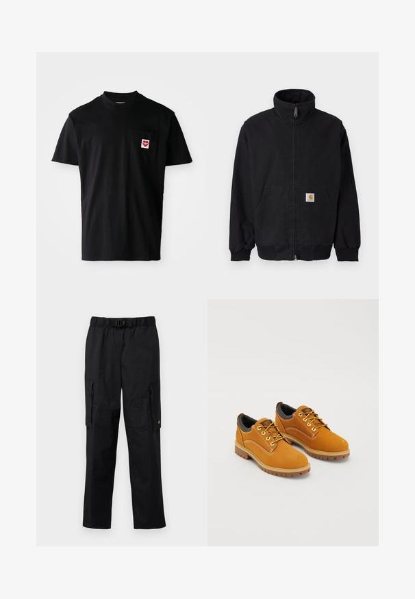Sort lynlåsjakke med høj krave, ribstrikkede manchetter og kant, med en forlomme og et lille logo på venstre side.; Sort bomulds t-shirt med rund halsudskæring, korte ærmer og en venstre brystlomme med et rødt hjertepude og hvid tekst.; Sorte cargo-bukser med elastisk talje, justerbart bælte, flere sidelommer og en glat, let stoftekstur.; Brune ruskindssko med rund tå, gule snørebånd, en polstret sort krave og gummisåler med skridsikre riller.