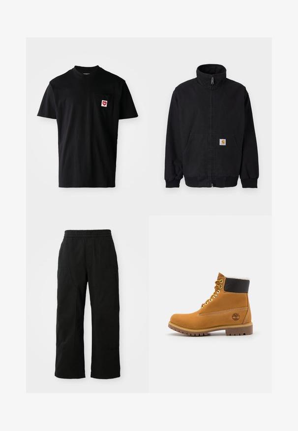 Chaqueta negra con cremallera, cuello alto, puños y dobladillo acanalados, con un bolsillo frontal y un pequeño parche con logo en el lado izquierdo.; Camiseta de algodón negra con escote redondo, mangas cortas y bolsillo en el pecho izquierdo que presenta un parche en forma de corazón rojo con texto blanco.; Pantalones de algodón negros con una cinturilla elástica, diseño de pierna ancha y grandes bolsillos laterales. La tela parece suave con una textura lisa.; Botín de cuero marrón con ojales de metal, forro de piel sintética blanca, cuello acolchado negro, suela resistente y logotipo en relieve en el costado.