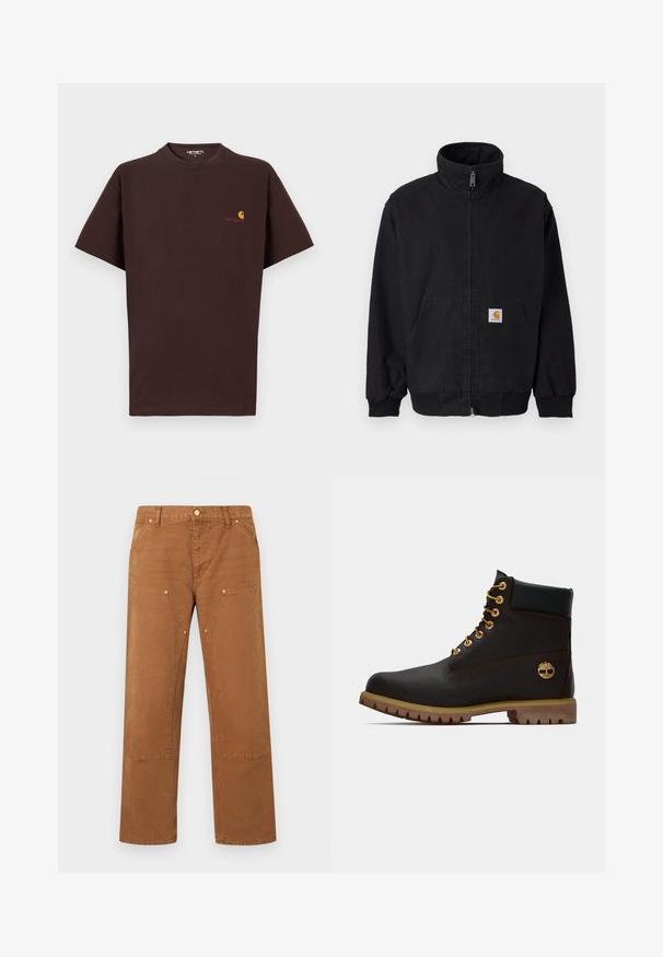 Veste noire zippée avec col montant, poignets et ourlet côtelés, dotée d'une poche avant et d'un petit patch logo sur le côté gauche.; T-shirt en coton marron à manches courtes, col rond, logo sur la poitrine gauche en orange et rouge, ourlet droit et coupe décontractée.; Pantalon marron à jambes droites avec poches plaquées à l'avant, détails à rivets, passants pour ceinture et fermeture par bouton à la taille.; Bottine noire en cuir avec œillets dorés, accents marron et semelle en caoutchouc. Comprend un col rembourré et un logo estampé sur le côté.