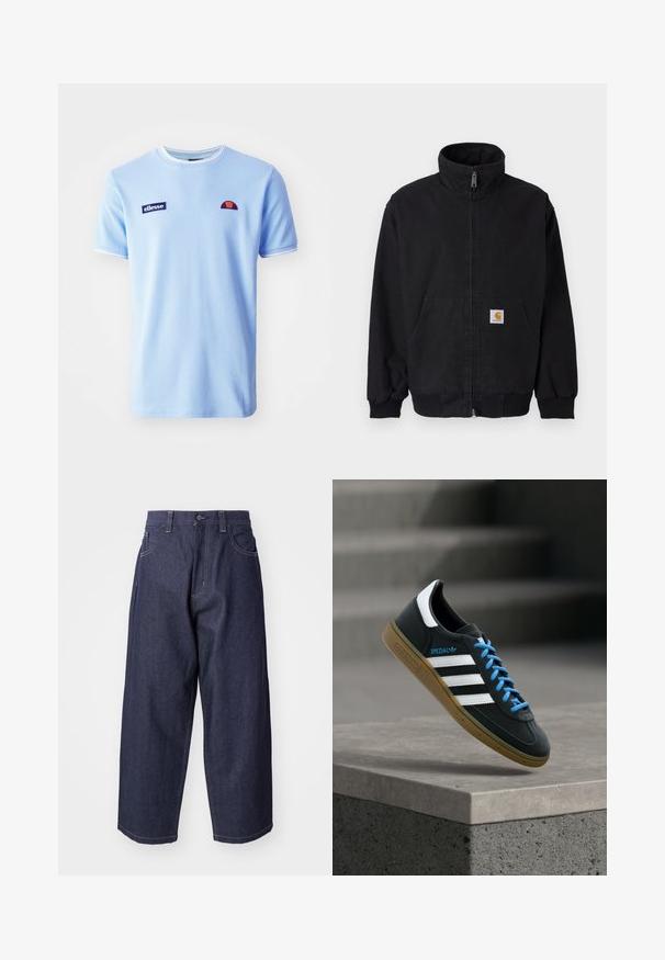 Sort lynlåsjakke med høj krave, ribstrikkede manchetter og kant, med en forlomme og et lille logo på venstre side.; Ellesse BELVIDER TEE - T-shirts print - light blue; Mørkeblå denim jeans med en løs, bred ben-design. Funktioner inkluderer en knaplukning, frontlommer og synlige stikninger.; Sort Adidas sneaker med hvide striber, blå snørebånd og gummisål, der svæver over gråt betontrin i blødt lys.