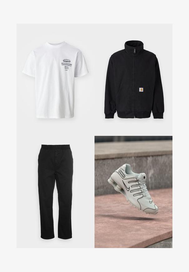 Sort lynlåsjakke med høj krave, ribstrikkede manchetter og kant, med en forlomme og et lille logo på venstre side.; Hvid bomulds t-shirt med korte ærmer, rund hals og et grafisk print med teksten "Carhartt WIP" samt en madillustration på brystet.; Sorte bomuldsbukser med elastisk talje, lige ben og sidelommer. Glat tekstur uden mønstre eller accenter.; Hvid Nike Shox sneaker med sort logo og stødabsorberende sål, placeret i luften over en lyserød betonoverflade.
