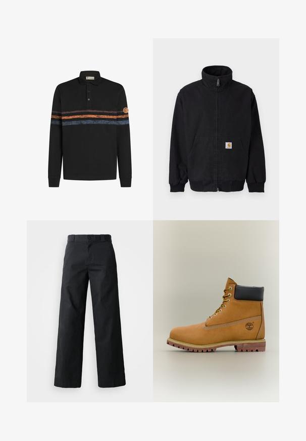 Sort lynlåsjakke med høj krave, ribstrikkede manchetter og kant, med en forlomme og et lille logo på venstre side.; Sort langærmet polo-shirt med et struktureret horisontalt stribemønster i orange og blå, med et logo-patch på venstre ærme.; Sorte brede bukser lavet af bomuld. Har en knaplukning, bæltestropper og sidelommer. Glat tekstur med en skræddersyet pasform.; Brun læderankelstøvle med sort krave, gule snørebånd og tanfarvet sål. Har logo og hvide syninger som detalje. Robust ydersål med greb.