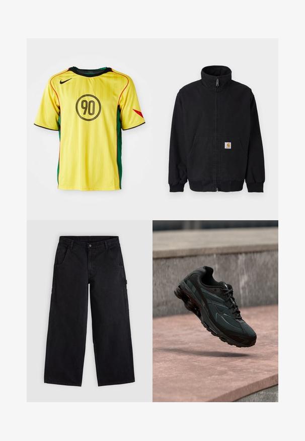 Zwarte jas met rits en hoge kraag, geribbelde manchetten en zoom, met een voorkantzak en een klein logoplaatje aan de linkerkant.; Nike gele voetbalshirt met groene zijkanten, zwarte accenten en rode details. Voorzien van een ronde zwarte "90" ontwerp op de voorkant.; Zwarte werkbroek met wijde pijpen, riemlussen, voorzakken en een knoopsluiting, weergegeven op een effen lichte achtergrond.; Zwarte atletische sneaker met zichtbare luchtgeveerde tussenzool die boven een roze stenen oppervlak zweeft met een grijze stenen muur op de achtergrond.