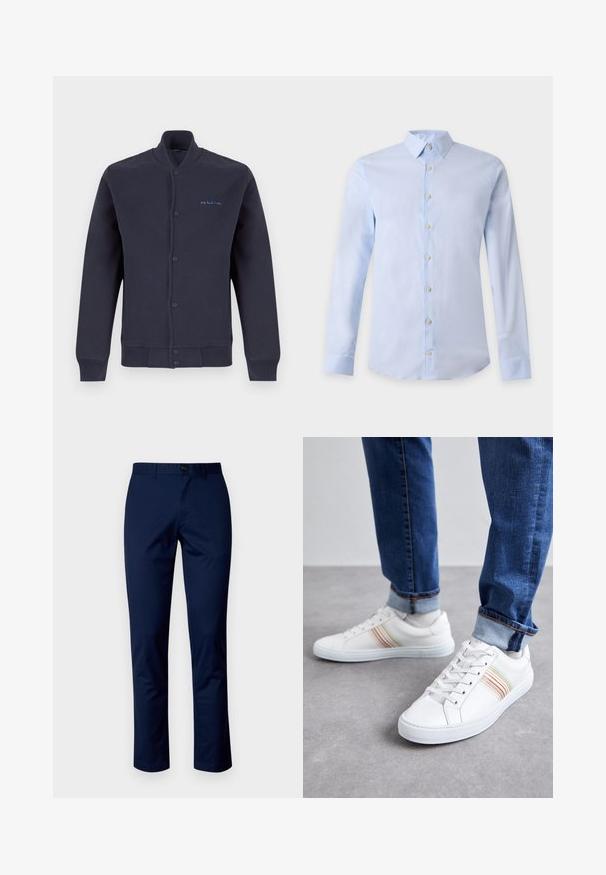 Veste bleu marine à boutons, manches longues, poignets et ourlet côtelés, avec petit logo bleu « PS Paul Smith » sur la poitrine gauche.; Chemise habillée homme bleu clair à manches longues avec col classique et boutons blancs sur le devant sur un fond uni.; Pantalons en coton bleu marine avec une coupe droite, dotés d'une fermeture à bouton à l'avant, de passants de ceinture et de coutures propres. Texture lisse sans motifs.; Baskets en cuir blanc avec des rayures multicolores, design à lacets, semelle en caoutchouc et col rembourré, associées à un jean en denim bleu.