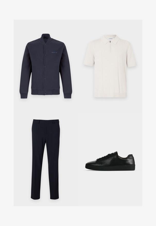 Marineblauwe jas met knopen, lange mouwen, geribde boorden en zoom, en een klein blauw "PS Paul Smith"-logo op de linkerborst.; Roomkleurig poloshirt met korte mouwen en een rits aan de kraag, voorzien van een verticale gestreepte structuur aan beide zijden en een geribde zoom.; Marineblauwe broeken met een gladde textuur, recht gesneden ontwerp, knoopsluiting en zijzakken; ontworpen voor een getailleerde pasvorm.; Zwarte lage leren sneaker met zwarte veters en een dikke zwarte zool, getoond van opzij tegen een lichtgrijze achtergrond.