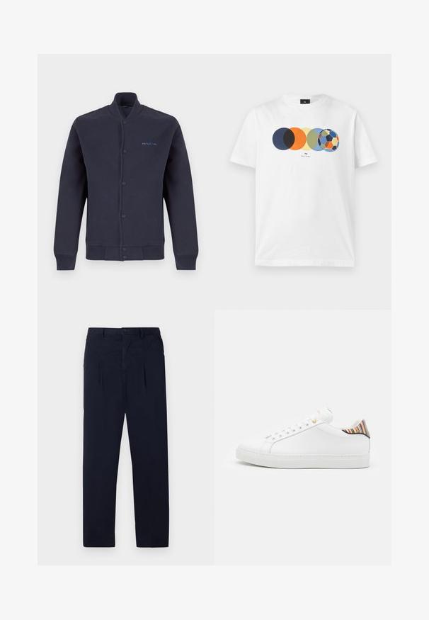 Veste bleu marine à boutons, manches longues, poignets et ourlet côtelés, avec petit logo bleu « PS Paul Smith » sur la poitrine gauche.; T-shirt blanc à manches courtes avec un graphique de cinq cercles colorés qui se chevauchent, le dernier ressemblant à un ballon de football multicolore, et un petit texte en dessous.; Pantalons bleu marine en tissu léger avec une taille plate, deux plis et une fermeture à bouton standard au niveau de la taille.; Baskets en cuir blanc avec une finition lisse, présentant un accent rayé coloré au niveau du talon, des œillets dorés et une semelle blanche plate.
