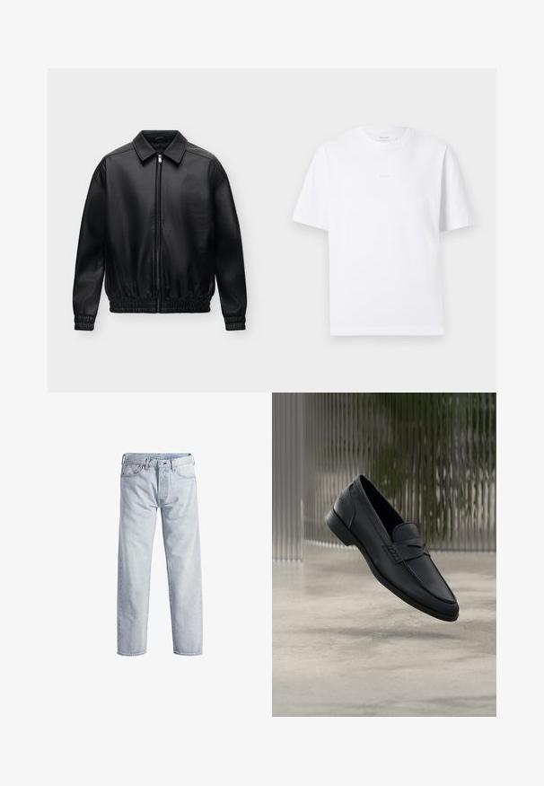 Cazadora bomber negra de piel sintética con cremallera frontal, cuello con solapa, puños elásticos y cintura elástica sobre un fondo claro liso.; Camiseta blanca lisa de manga corta con cuello redondo y un sutil logotipo pequeño centrado en el pecho, mostrada sobre un fondo blanco.; Vaqueros de mezclilla de color azul claro con un diseño de pierna recta, cierre de botón, cinco bolsillos y una textura de desgaste sutil. Presenta detalles de metal.; Zapato tipo mocasín de cuero negro con acabado liso, punta puntiaguda y detalles cosidos en la pala. Tacón bajo y diseño minimalista.