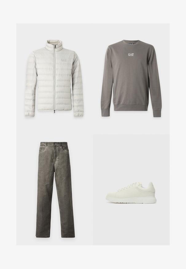 Veste matelassée gris clair avec fermeture éclair intégrale devant, col montant, poignets élastiques et logo discret sur la poitrine.; Sweat-shirt gris à manches longues avec col rond et logo EA7 Emporio Armani blanc sur la poitrine, poignets et ourlet côtelés.; Pantalon gris à jambes droites en tissu de coton doux avec une texture lisse. Comprend des poches avant et une fermeture à bouton.; Baskets blanches en cuir avec un dessus texturé, bout rond, semelle plate blanche et lacets ton sur ton. Marque discrète sur la languette.