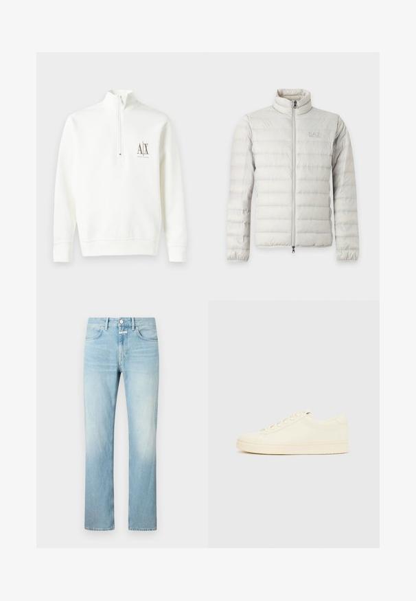 Hellgraue gesteppte Jacke mit komplettem Frontreißverschluss, Stehkragen, elastischen Bündchen und dezentem Logo auf der Brust.; Weißer Sweatshirt mit Reißverschluss am Kragen, aus weichem Stoff. Mit kleinem Logo auf der linken Brust in Braun sowie geripptem Saum und Bündchen.; Hellblaue Denim-Jeans mit geradem Bein, ausgestattet mit einem klassischen Fünf-Taschen-Design und einem Knopfverschluss.; Cremefarbener Sneaker mit glattem Lederoberteil, abgerundeter Zehenpartie, Schnürung vorne und strukturierter Gummisohle. Minimalistisches Design, ohne Logos.
